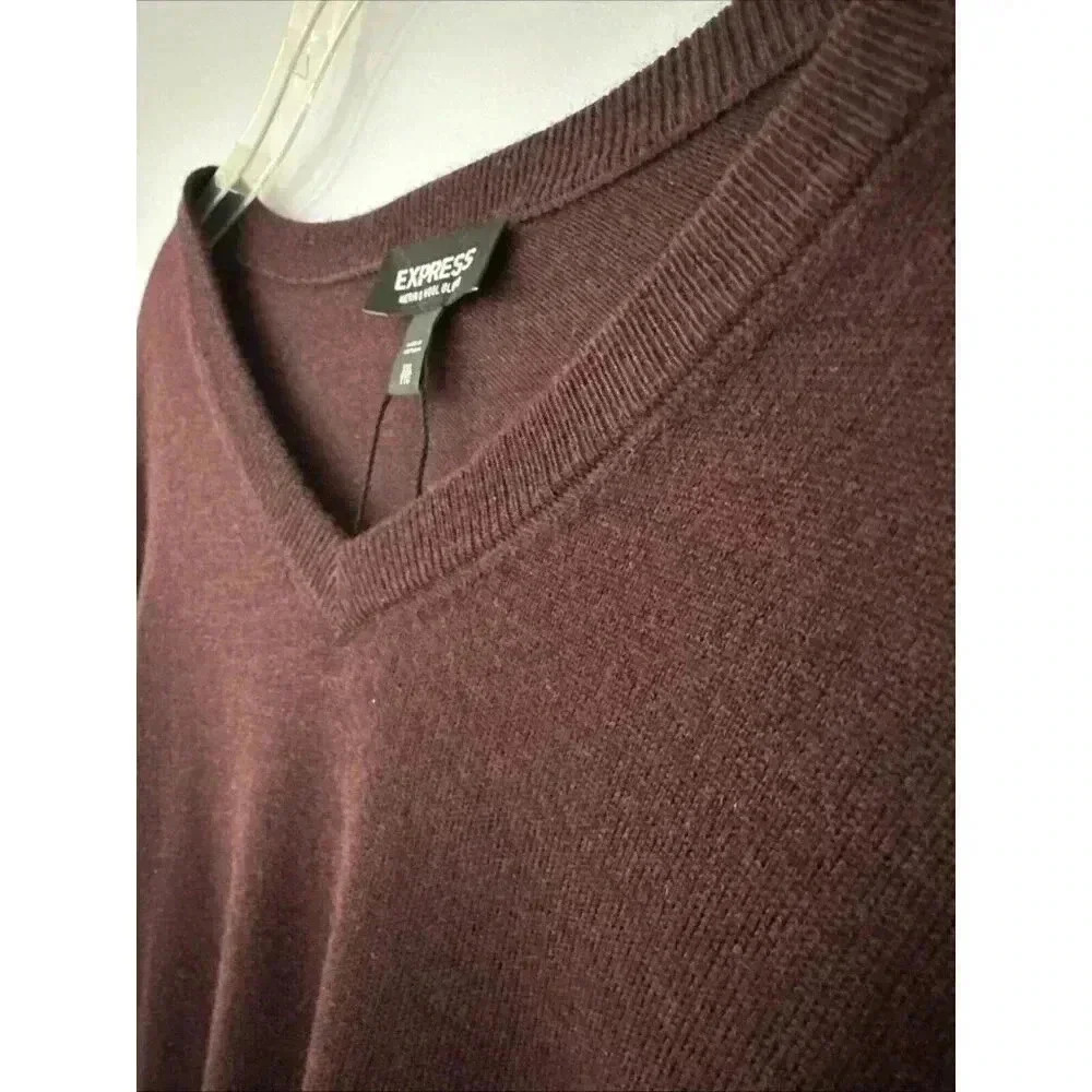 NEW Express Mens Sz XXL Merino Wool Blend V Neck Sweater Maroon Burgundy Classic